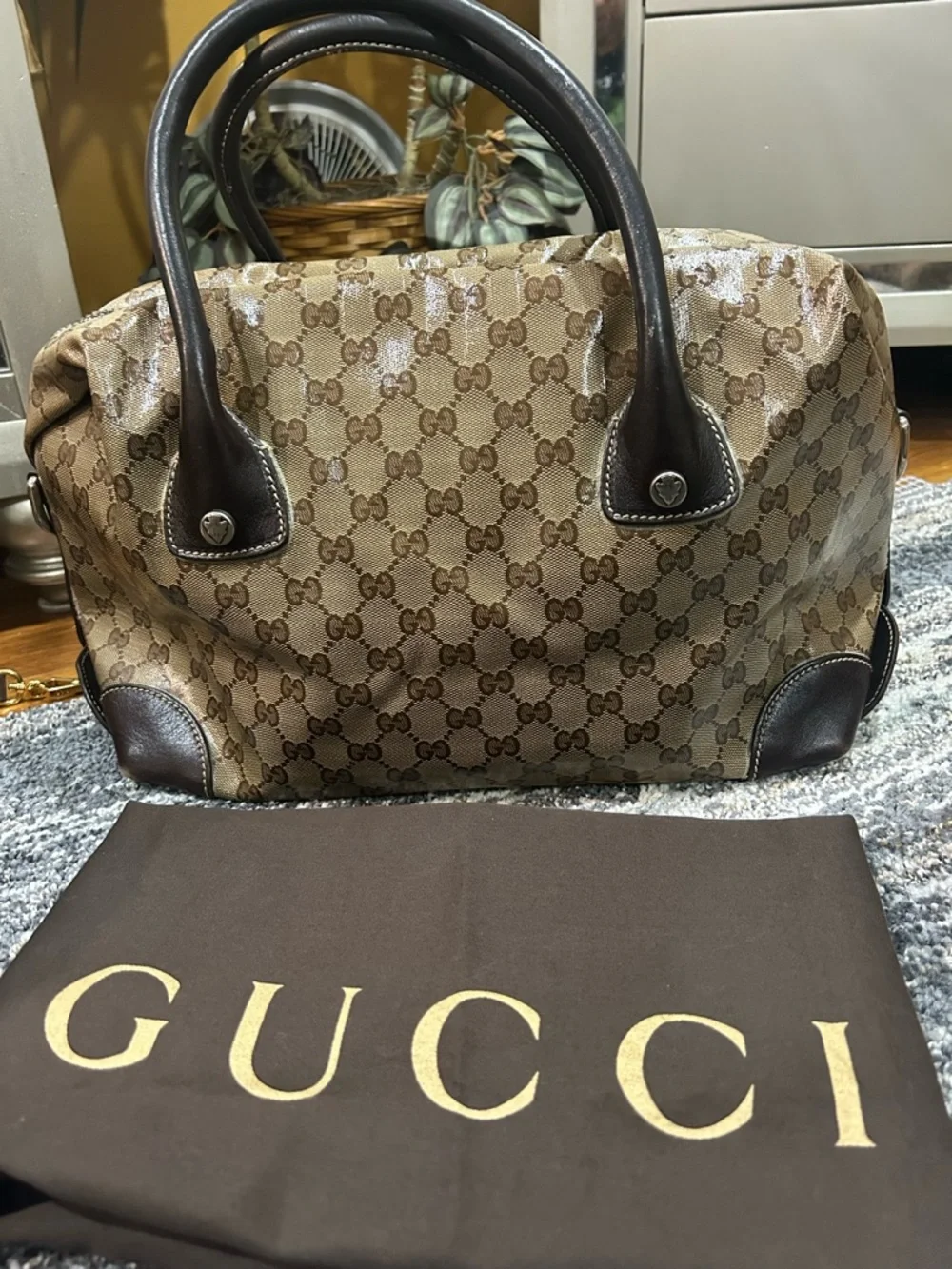 Gucci Boston Brown Tan GG Coated Canvas Shoulder Bag with Dark Brown Trim! - Picture 10 of 16